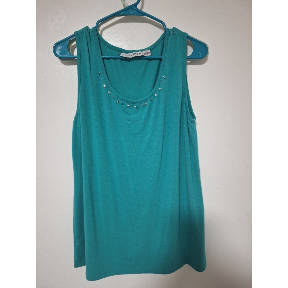 Sag Harbor Women’s Large Teal Tank Top Beaded Scoop Neck Sleeveless Blouse L
